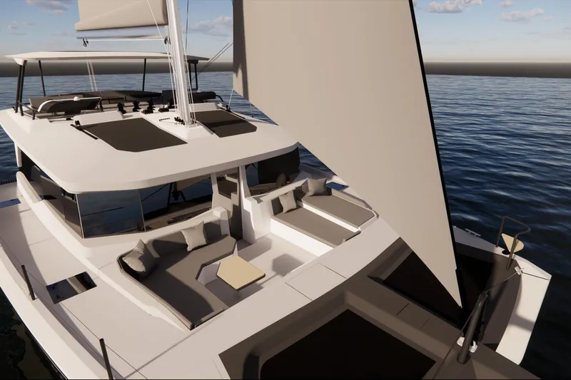 Iyacht / E-motion Italy Yacht Photos Pics Luxurious 2025 Mazarin 55 Sail Catamaran with hybrid technology, sailing on calm waters.