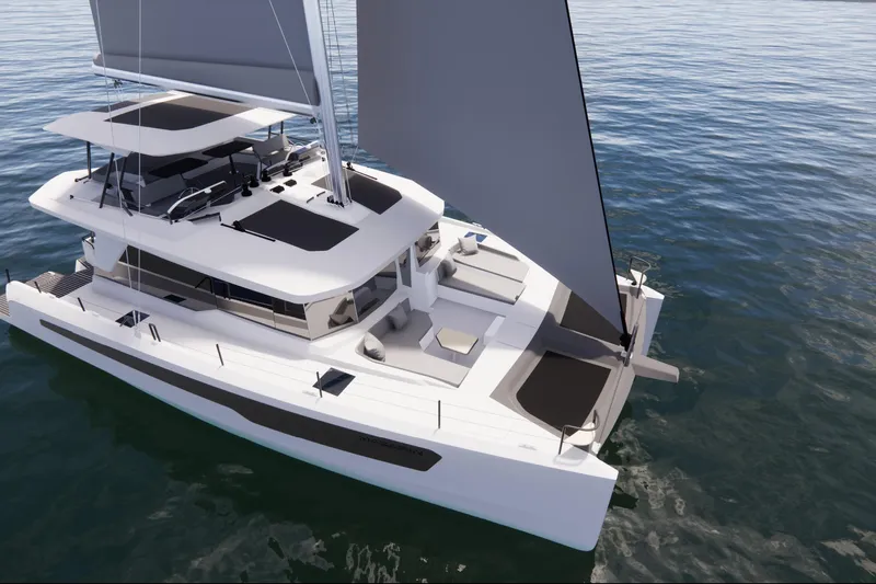 Iyacht / E-motion Italy Yacht Photos Pics 2025 Mazarin 55 Sail Catamaran with hybrid engine sailing on calm waters.