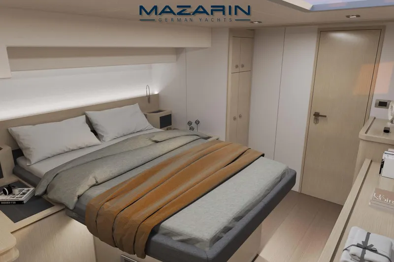 Iyacht / E-motion Italy Yacht Photos Pics Luxurious bedroom interior of 2025 Mazarin 55 Sail Cat yacht, featuring modern design and cozy bedding.