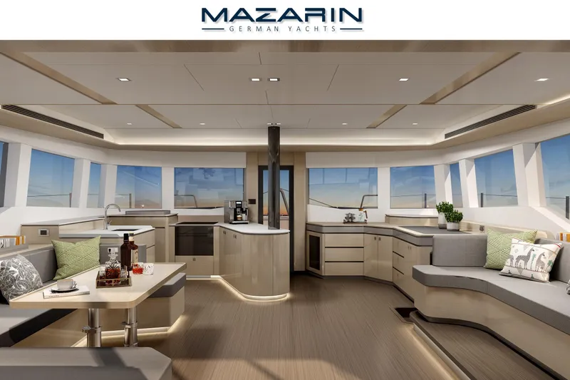 Iyacht / E-motion Italy Yacht Photos Pics Luxurious interior of 2025 Mazarin 55 Sail Cat, featuring modern design and spacious layout.