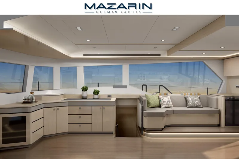 Iyacht / E-motion Italy Yacht Photos Pics Luxurious interior of 2025 Mazarin 55 Sail Cat with modern design and panoramic windows.
