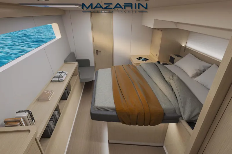 Iyacht / E-motion Italy Yacht Photos Pics Luxurious bedroom interior of 2025 Mazarin 55 Sail Cat with modern design and ocean view.