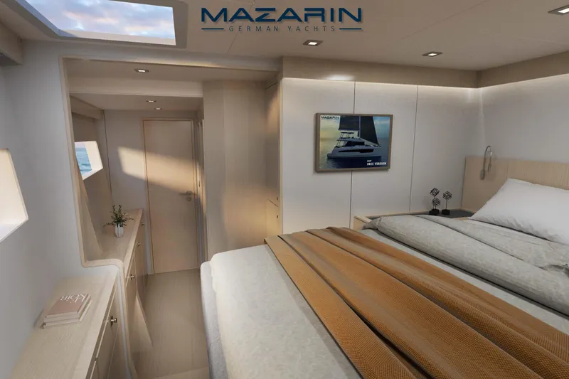 Iyacht / E-motion Italy Yacht Photos Pics Luxurious bedroom interior of 2025 Mazarin 55 Sail Cat yacht, featuring elegant design and modern amenities.