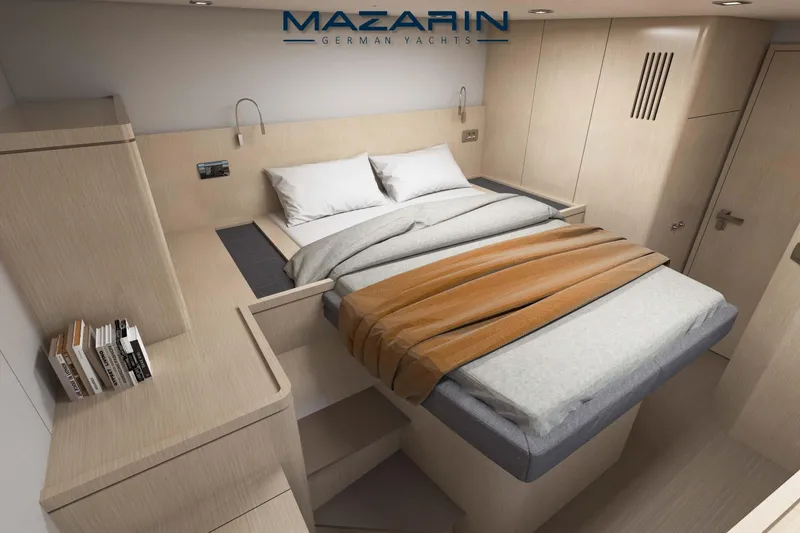 Iyacht / E-motion Italy Yacht Photos Pics Luxurious bedroom interior of 2025 Mazarin 55 Sail Cat yacht with modern design.