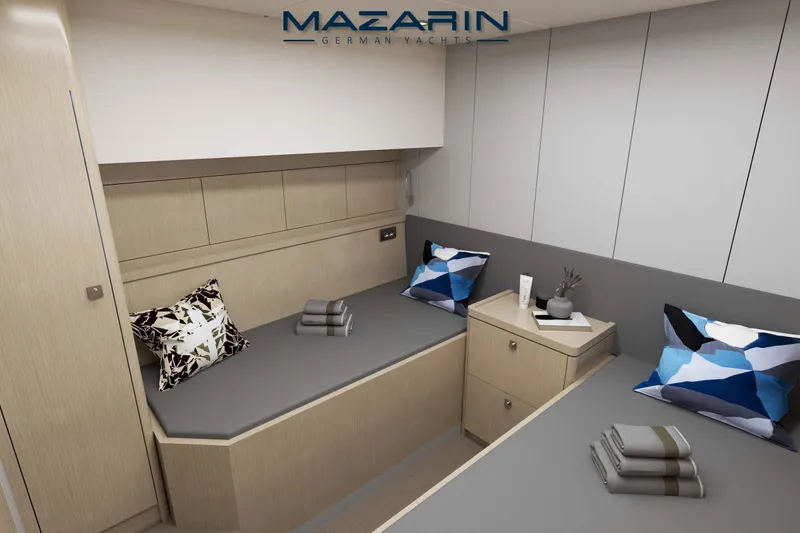 Iyacht / E-motion Italy Yacht Photos Pics Modern interior of 2025 Mazarin 55 Sail Cat yacht, featuring sleek design and comfortable seating.