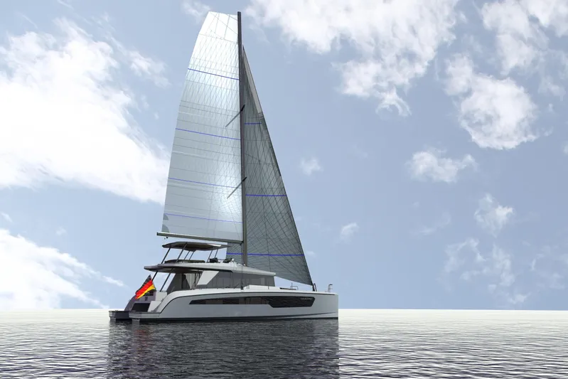 Iyacht / E-motion Italy Yacht Photos Pics 2025 Mazarin 55 Sail Catamaran with hybrid engine sailing on calm waters under a clear sky.