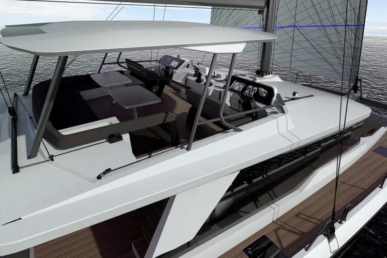 Iyacht / E-motion Italy Yacht Photos Pics 2025 Mazarin 55 Sail Cat with hybrid E-Motion, featuring modern deck and seating area.