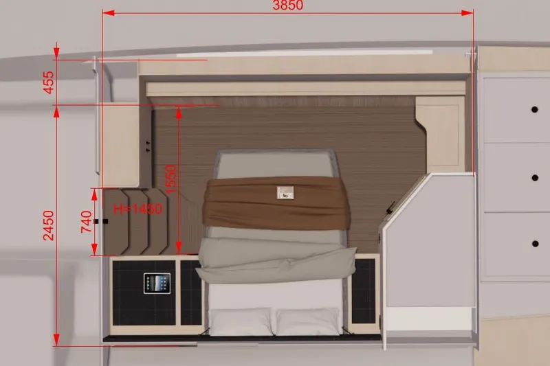 Iyacht / E-motion Italy Yacht Photos Pics Top view of Mazarin 55 Sail Cat 2025 cabin layout with dimensions.