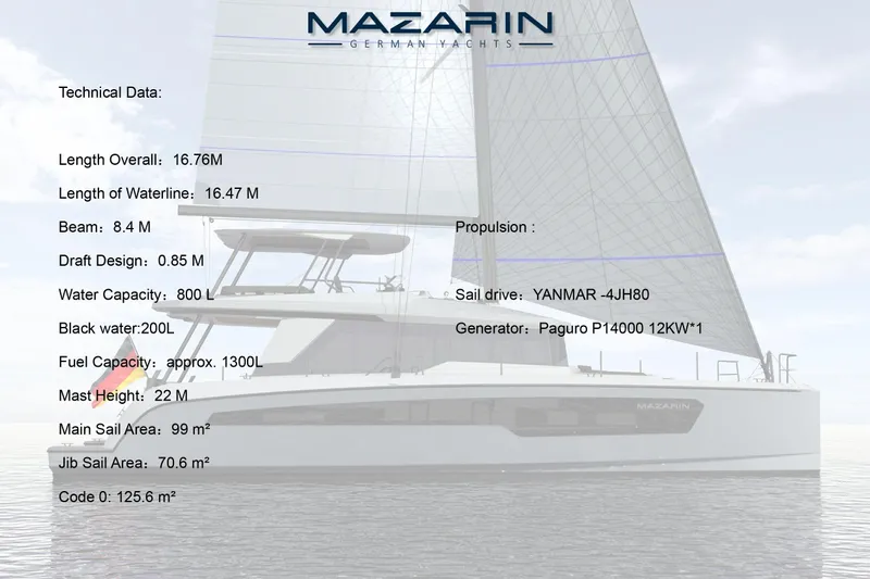 Iyacht / E-motion Italy Yacht Photos Pics Mazarin 55 Sail Cat 2025, hybrid yacht with Yanmar engines, technical specifications displayed.