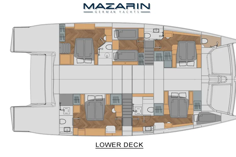 Iyacht / E-motion Italy Yacht Photos Pics Lower deck layout of 2025 Mazarin 55 Sail Cat, featuring cabins and bathrooms.