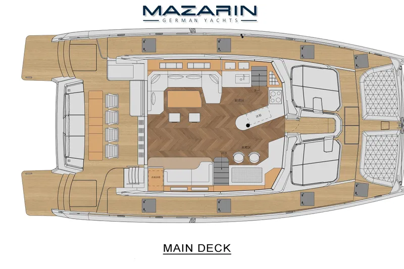 Iyacht / E-motion Italy Yacht Photos Pics Main deck layout of 2025 Mazarin 55 Sail Cat, featuring modern design and hybrid technology.