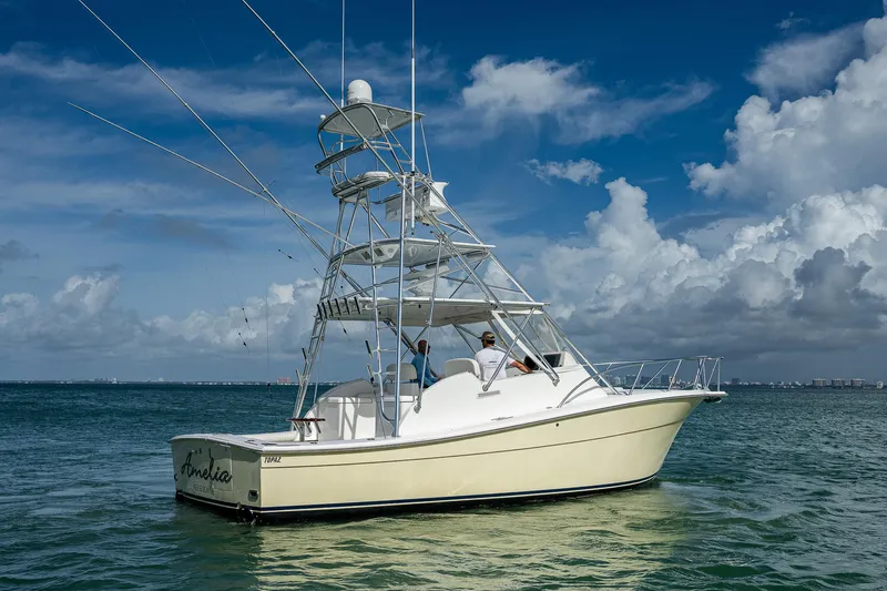  Yacht Photos Pics 2006 Topaz 32 Express boat on calm waters under a blue sky.