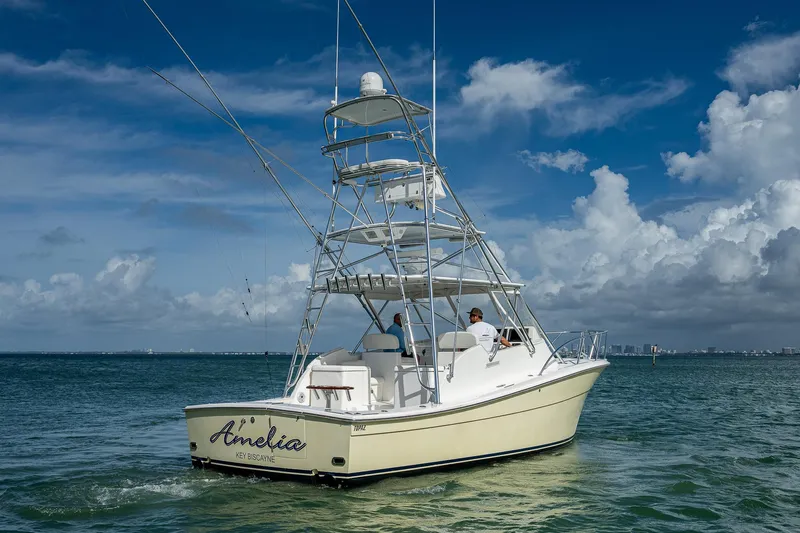 Yacht Photos Pics 2006 Topaz 32 Express boat on the water under a blue sky.