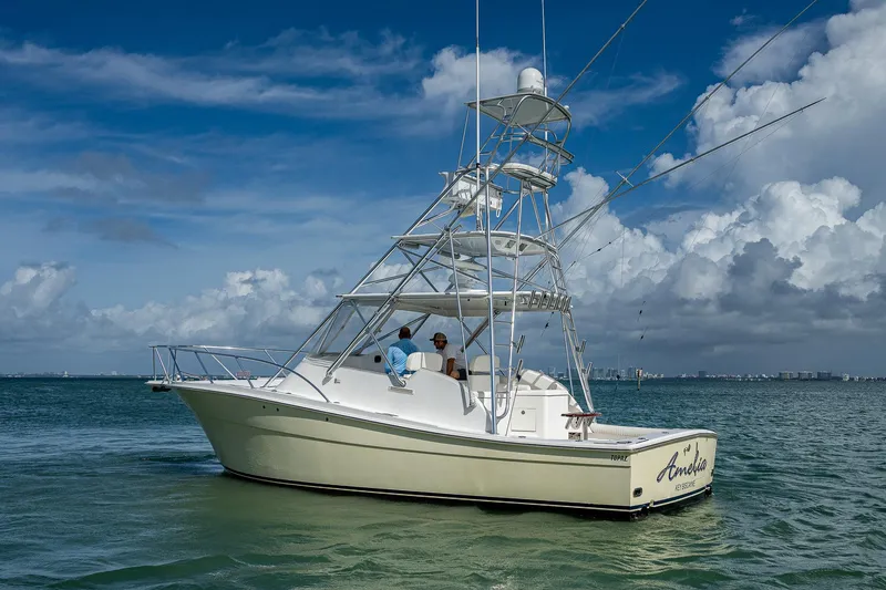  Yacht Photos Pics 2006 Topaz 32 Express boat on calm ocean waters under a blue sky.