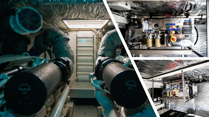  Yacht Photos Pics Engine room of a 2010 Princess 62 Flybridge yacht, showcasing machinery and control panels.