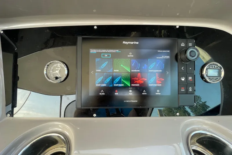  Yacht Photos Pics Control panel of a 2019 Rinker 370 EX boat with Raymarine navigation system.