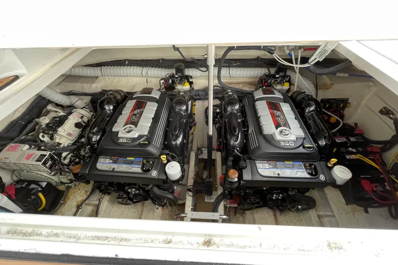  Yacht Photos Pics 2019 Rinker 370 EX engine compartment with dual 6.2L 350 HP engines.