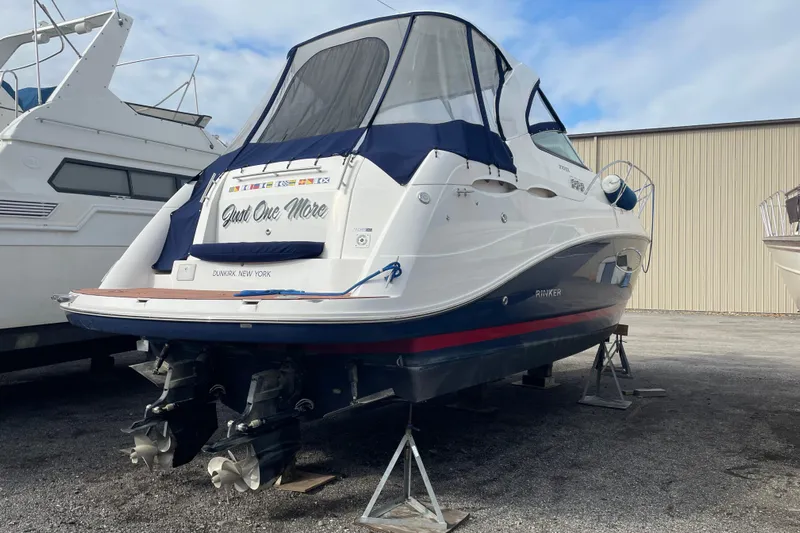  Yacht Photos Pics 2019 Rinker 370 EX boat on stands, Dunkirk, New York.