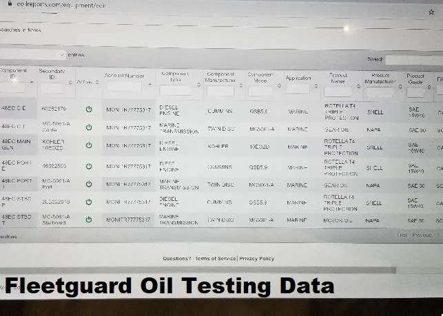  Yacht Photos Pics Fleetguard oil testing data on screen for 2009 Fountain 48 Express Cruiser.