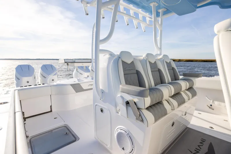  Yacht Photos Pics 2024 Invincible 40 Catamaran interior with luxurious seating and powerful outboard engines.