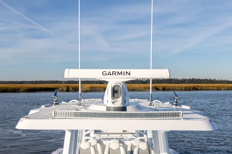  Yacht Photos Pics 2024 Invincible 40 Catamaran with Garmin radar on calm water.