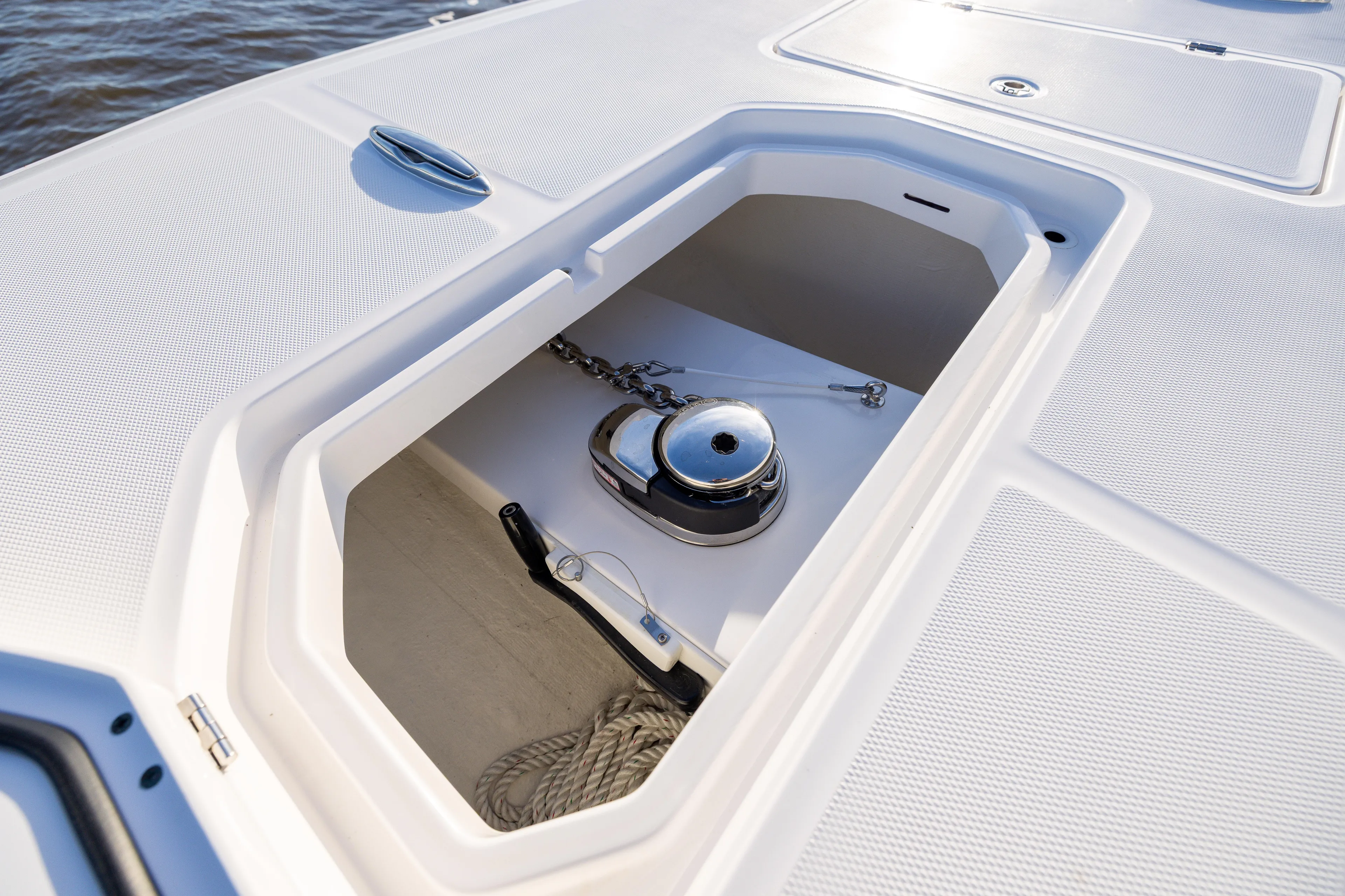  Yacht Photos Pics Anchor compartment of 2024 Invincible 40 Catamaran with chain and rope storage.