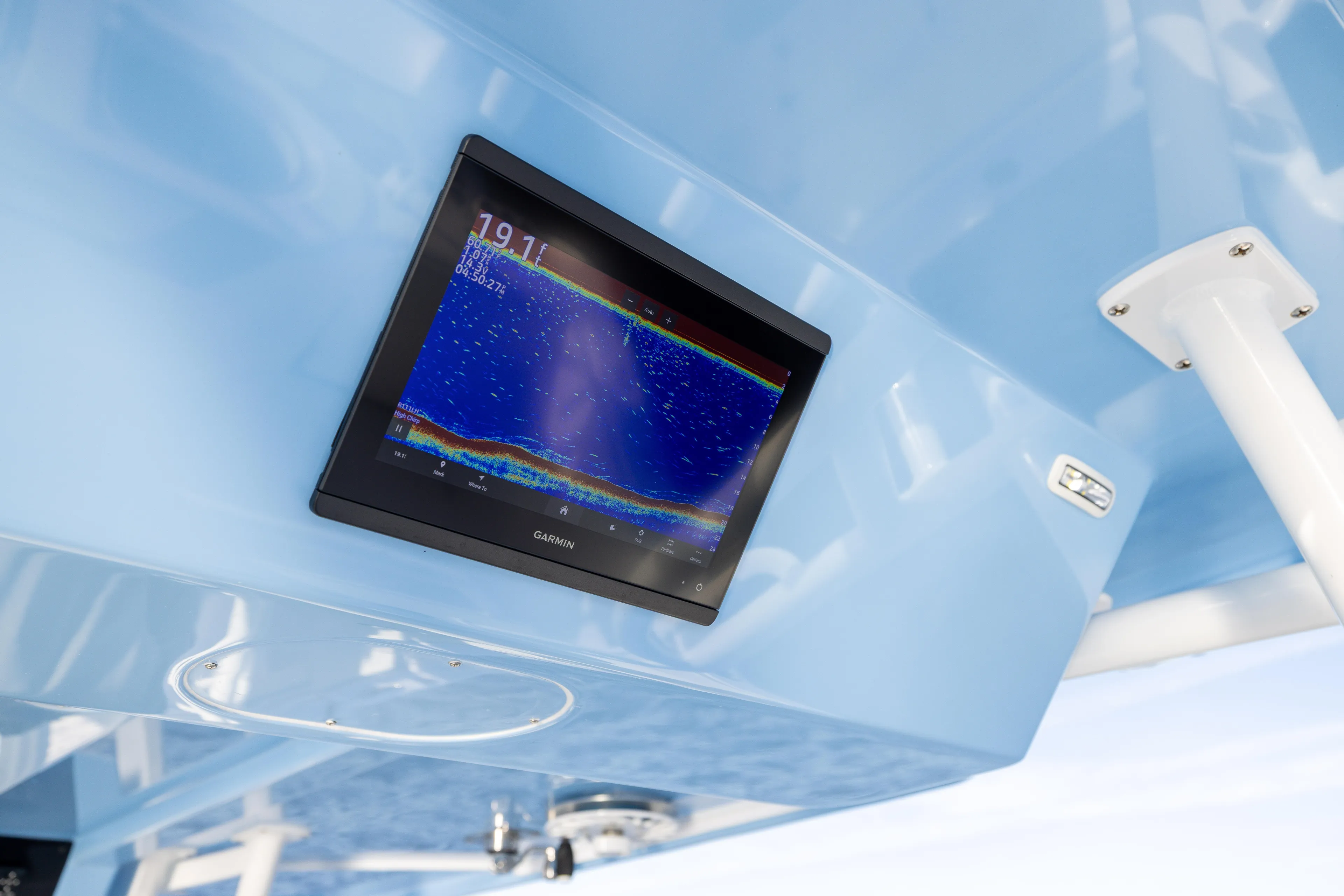  Yacht Photos Pics Garmin display on 2024 Invincible 40 Catamaran, showing sonar data.