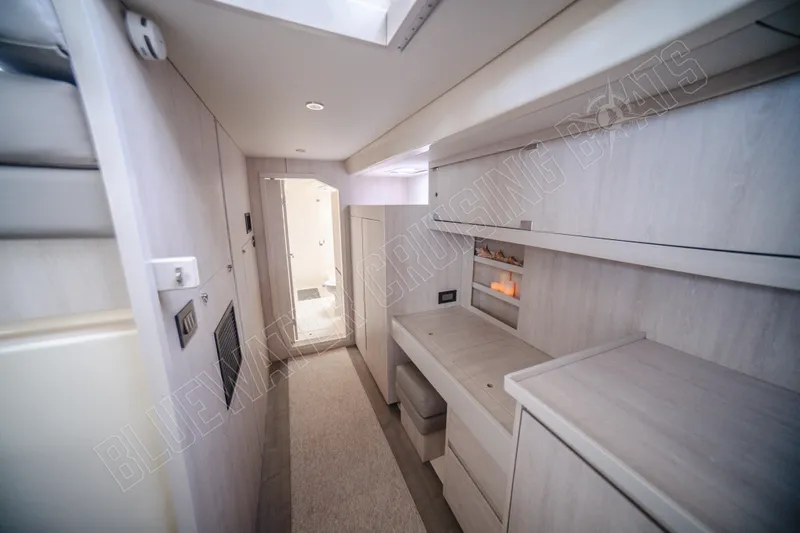 Purple Pearl Yacht Photos Pics Luxurious interior of 2015 Leopard 48 yacht with modern design and ambient lighting.