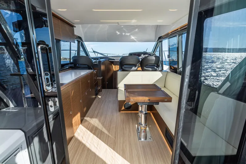 Yacht Photos Pics 2024 Bavaria R40 yacht interior with modern seating and ocean view.