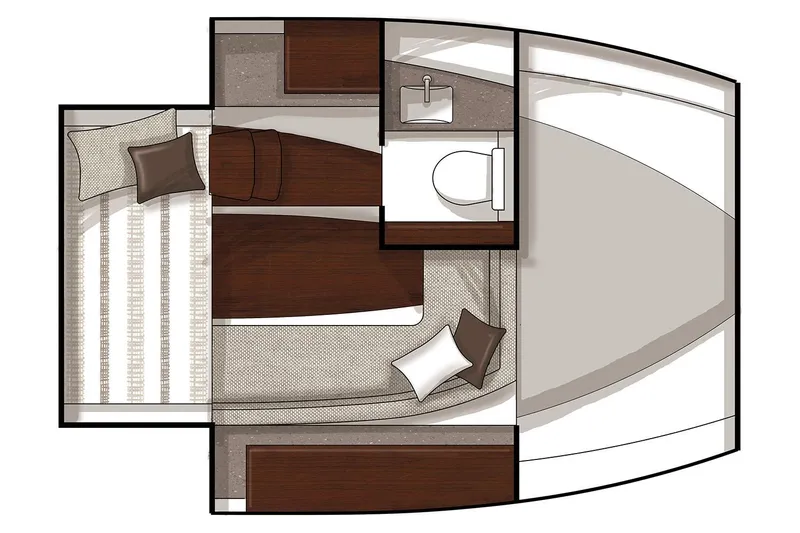  Yacht Photos Pics Manufacturer Provided Image: 2018 Four Winns H350 cabin layout with beds, bathroom, and storage areas.