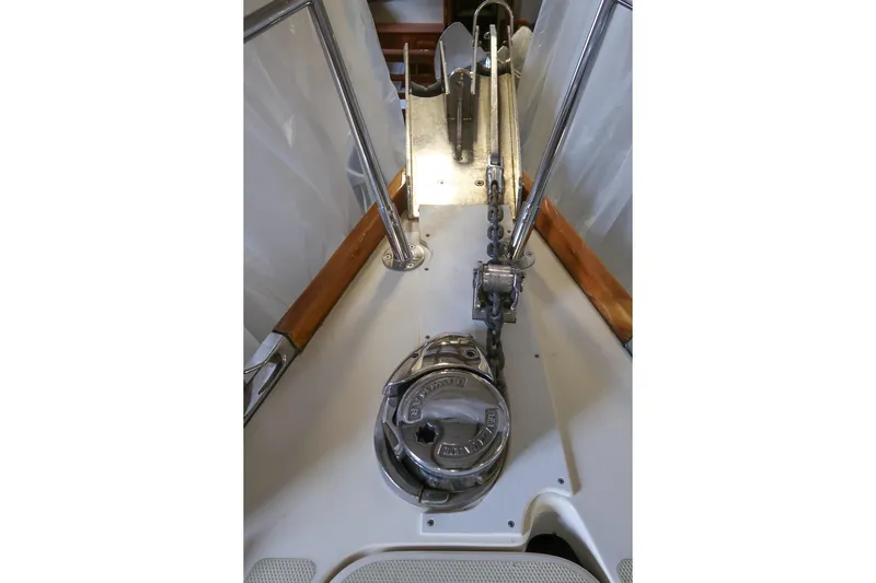 September Song Yacht Photos Pics Bow of 2007 Sabre 386 sailboat with anchor chain and windlass system.