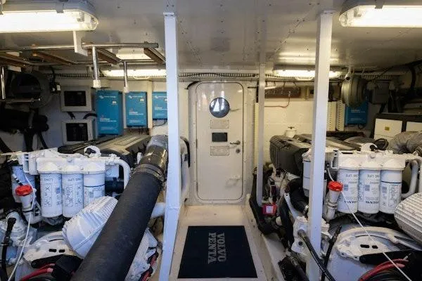 My Reality Yacht Photos Pics Engine room of 2012 Neptunus 62 Flybridge yacht with Volvo Penta systems.