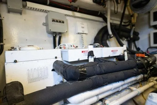 My Reality Yacht Photos Pics Engine room of 2012 Neptunus 62 Flybridge yacht with insulated pipes and control panels.