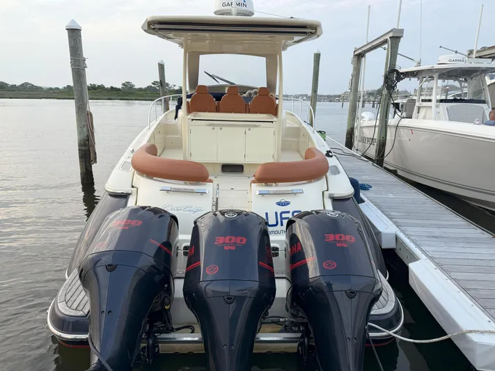Ufo Yacht Photos Pics 2018 Chris-Craft Launch 38 with triple 300 horsepower engines docked at marina.