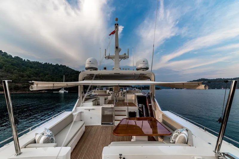 Perseus Yacht Photos Pics Luxurious 2004 Fleming 75 yacht deck with scenic ocean view and elegant seating area.