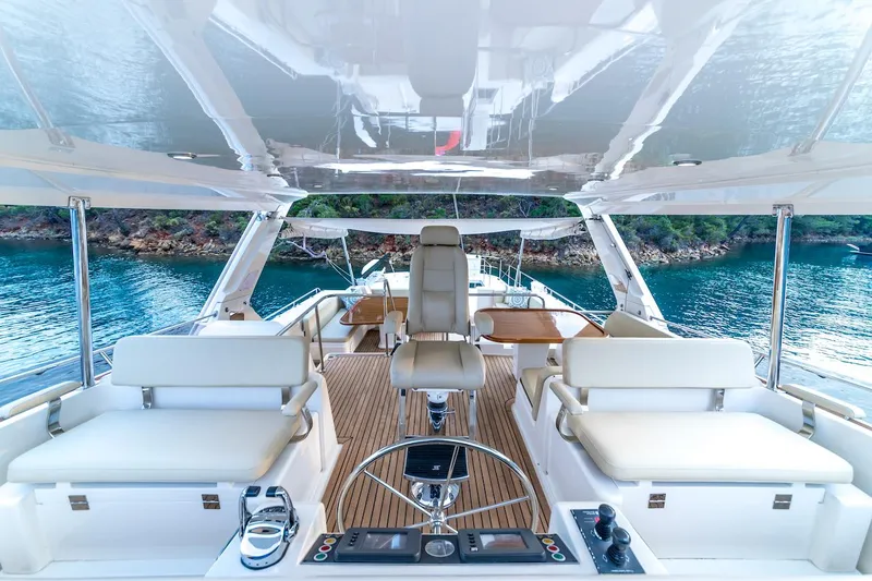 Perseus Yacht Photos Pics Luxurious 2004 Fleming 75 yacht interior with elegant seating and scenic water view.