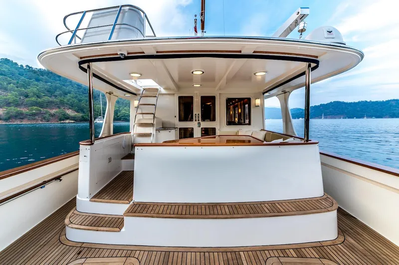 Perseus Yacht Photos Pics Luxurious 2004 Fleming 75 yacht with spacious deck and scenic ocean view.