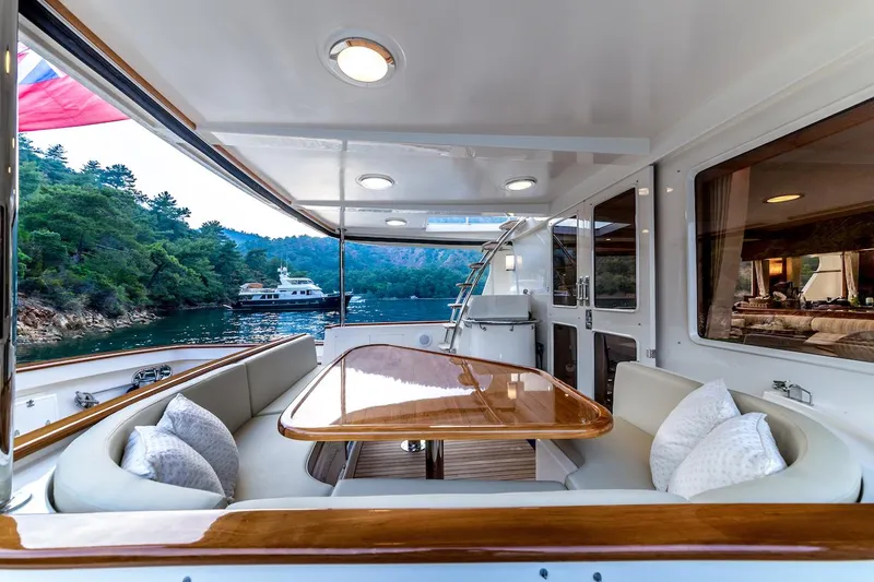 Perseus Yacht Photos Pics Luxurious 2004 Fleming 75 yacht with elegant outdoor seating and scenic water view.