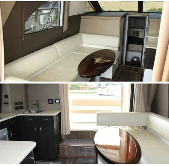 Boundless Yacht Photos Pics Interior of 2013 Carver C34 Command Bridge yacht with seating and kitchenette.