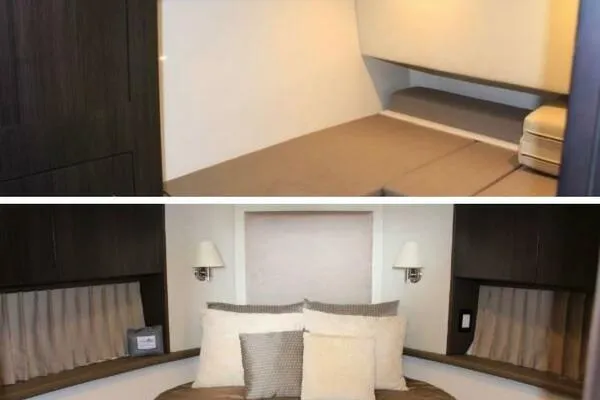 Boundless Yacht Photos Pics 2013 Carver C34 Command Bridge interior with cozy sleeping quarters and elegant bedding.