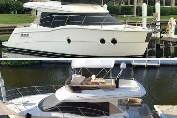 Boundless Yacht Photos Pics 2013 Carver C34 Command Bridge yacht docked, showcasing sleek design and spacious upper deck.