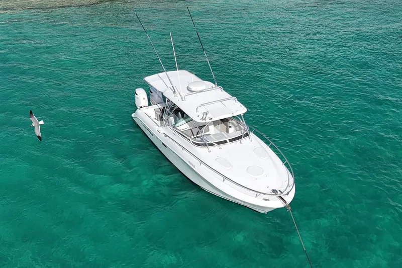  Yacht Photos Pics 2006 Hydra-Sports Vector 3300 VX boat anchored in clear turquoise water.