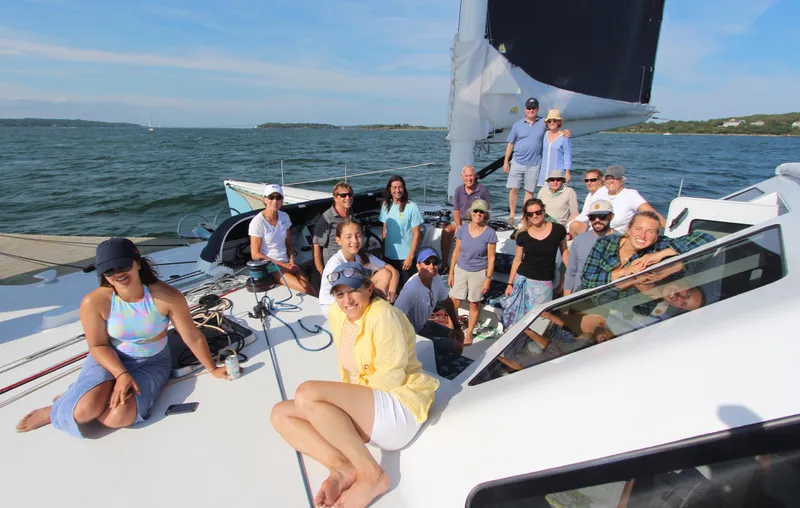 Saphira Yacht Photos Pics Group enjoying a sunny day on Chris White Atlantic 70 "SAPHIRA" yacht, 2018.