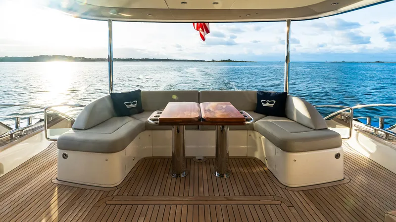 Stella Maris Yacht Photos Pics Luxurious 2022 Princess Y72 Motor Yacht deck with elegant seating and ocean view.