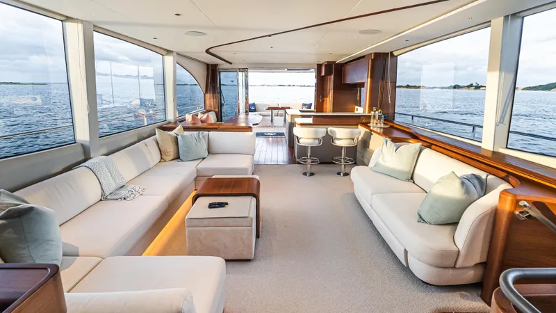 Stella Maris Yacht Photos Pics Luxurious interior of 2022 Princess Y72 Motor Yacht with elegant seating and panoramic windows.