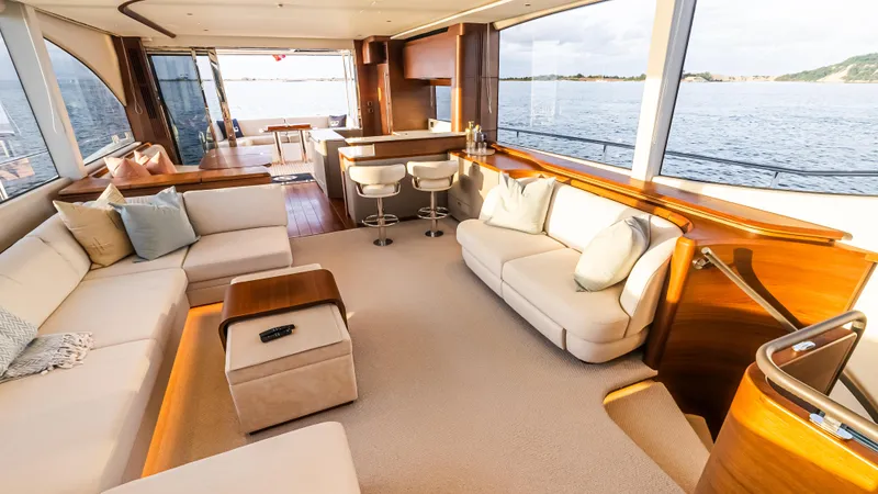 Stella Maris Yacht Photos Pics Luxurious interior of 2022 Princess Y72 Motor Yacht with elegant seating and ocean view.