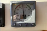Raymarine wind gauge on 2007 Azimut 68E yacht dashboard, displaying wind speed.