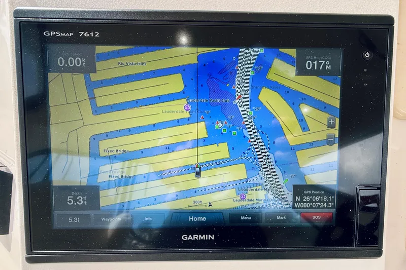 Rogue One Yacht Photos Pics Garmin GPS display on 2003 Sea Ray 560 Sedan Bridge, showing nautical map and coordinates.