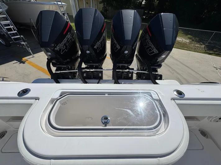  Yacht Photos Pics Four powerful outboard engines on a 2020 Invincible 39 Open Fisherman boat.
