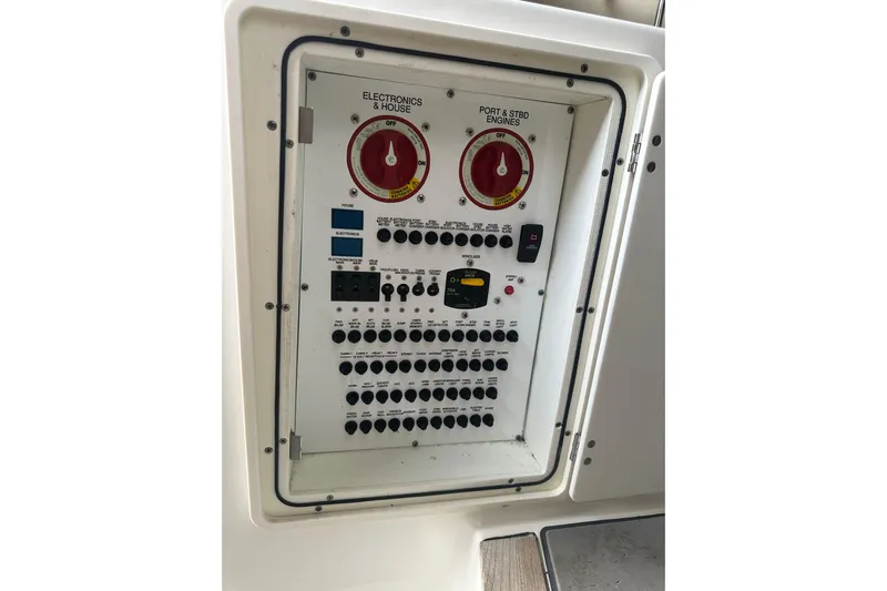  Yacht Photos Pics Electrical control panel on a 2020 Pursuit OS 325 Offshore boat.